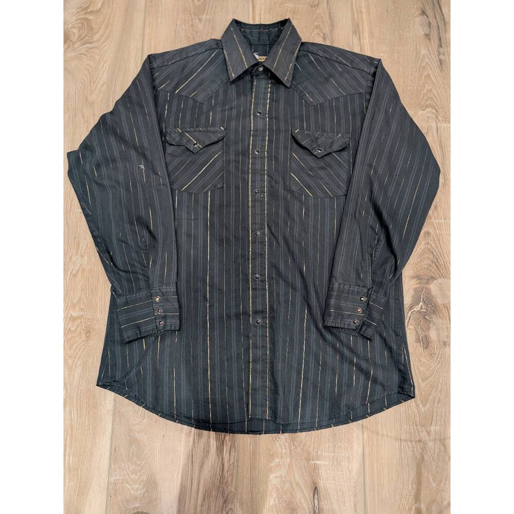 Vintage Panhandle Slim Pearl Snap Shirt Black Gold Striped Mens 16.5/33 L/XL USA